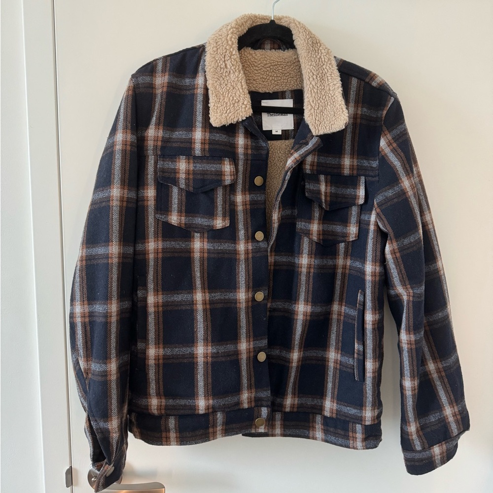 TheIdleMan Men’s Wool Fur Lined Plaid Jacket Navy M